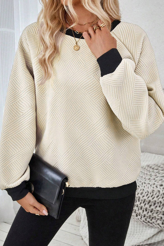 Jet Stream Colour Block Edge Raglan Sleeve Crew Neck Textured Top - JET STREAM / S / 97% POLYESTER + 3% ELASTANE