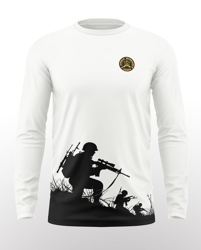 White full sleeve t-shirt with black soldier and rifle silhouette, jungle warrior patch on chest