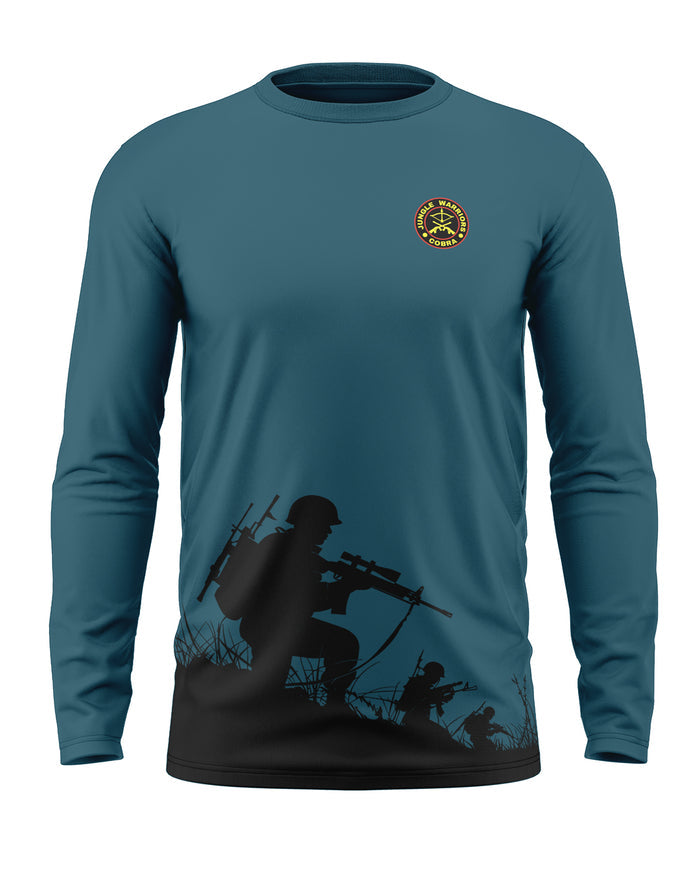 Blue long sleeve men's t-shirt with army soldier graphic print and Jungle Warrior Cobra badge