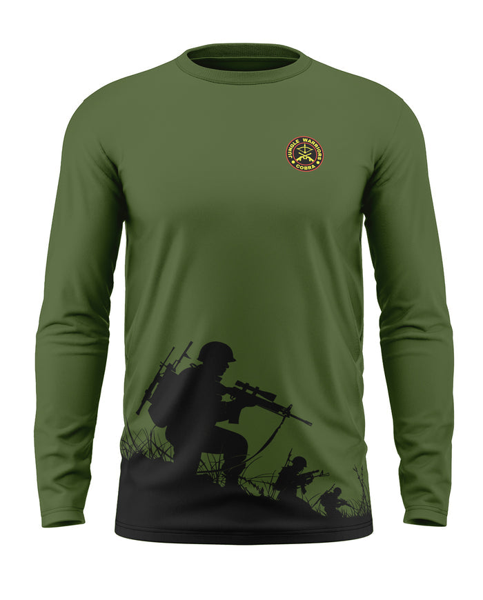 Green full sleeve men's t-shirt with army soldier graphic and Jungle Warrior Cobra logo
