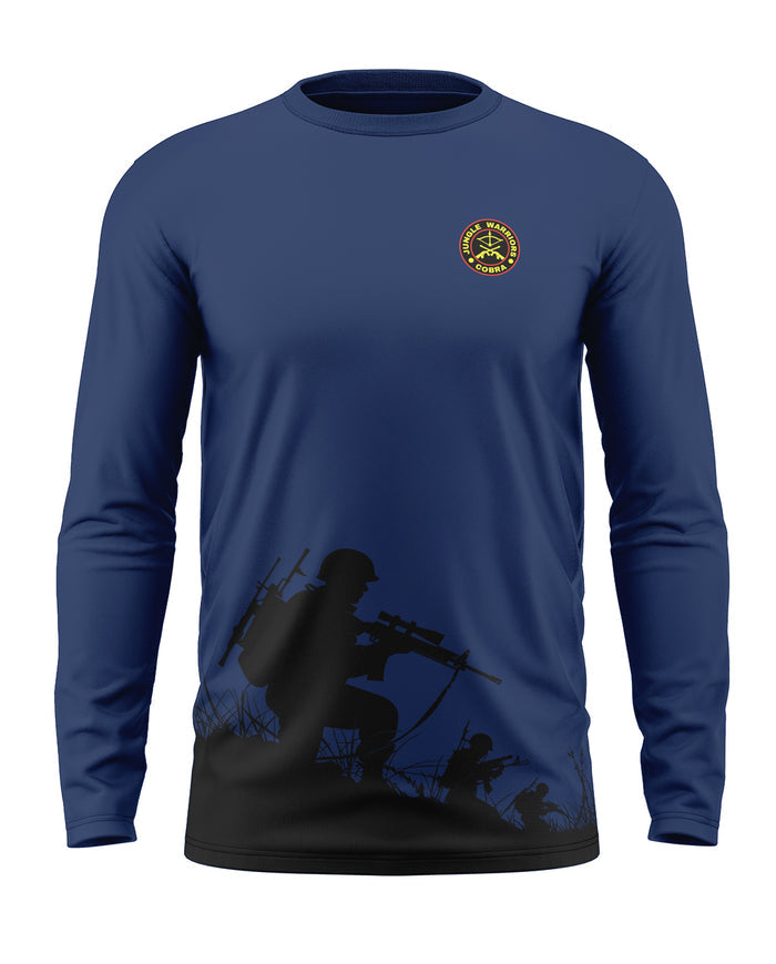 Navy blue full sleeve men's t-shirt with army soldier graphic and Jungle Warrior Cobra badge