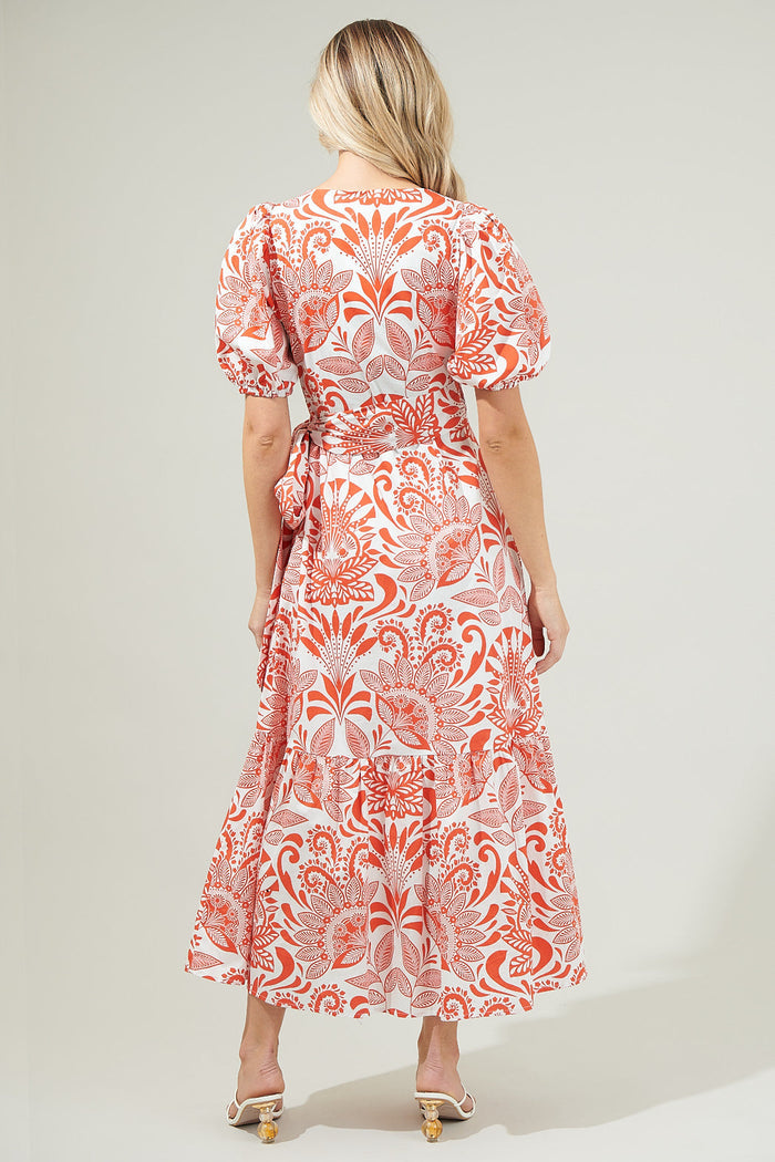 Juny Floral Stroll Poplin Wrap Top Midi Dress
