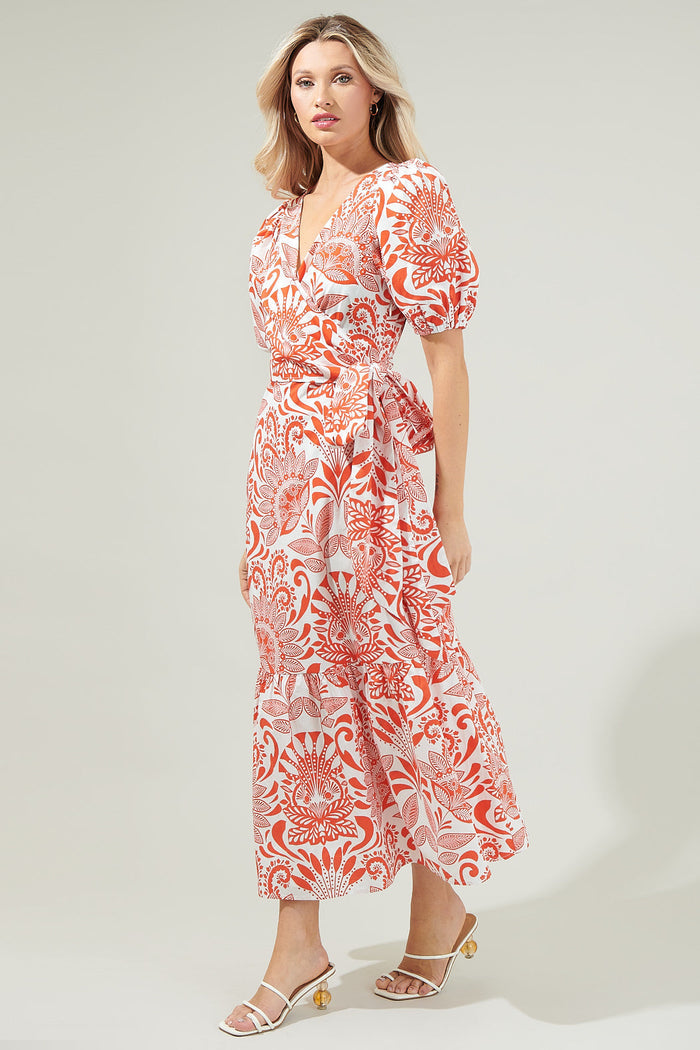 Juny Floral Stroll Poplin Wrap Top Midi Dress