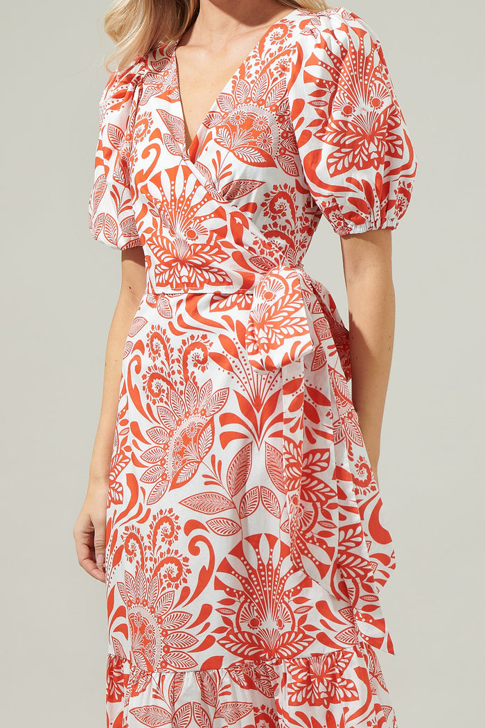 Juny Floral Stroll Poplin Wrap Top Midi Dress