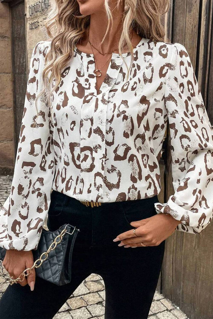 Khaki Leopard Print Split Neck Balloon Sleeve Blouse - KHAKI / S / 100% POLYESTER - Tops/Blouses & Shirts