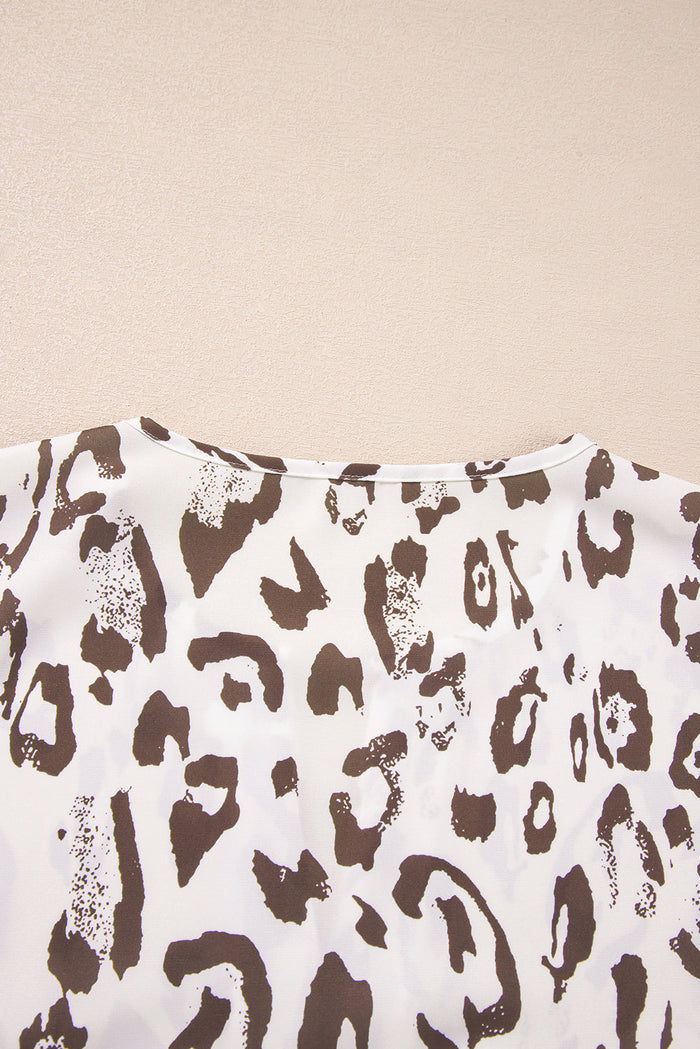 Khaki Leopard Print Split Neck Balloon Sleeve Blouse - Tops/Blouses & Shirts