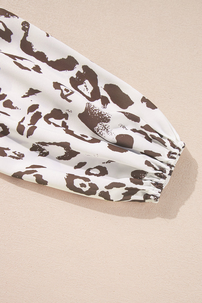 Khaki Leopard Print Split Neck Balloon Sleeve Blouse - Tops/Blouses & Shirts