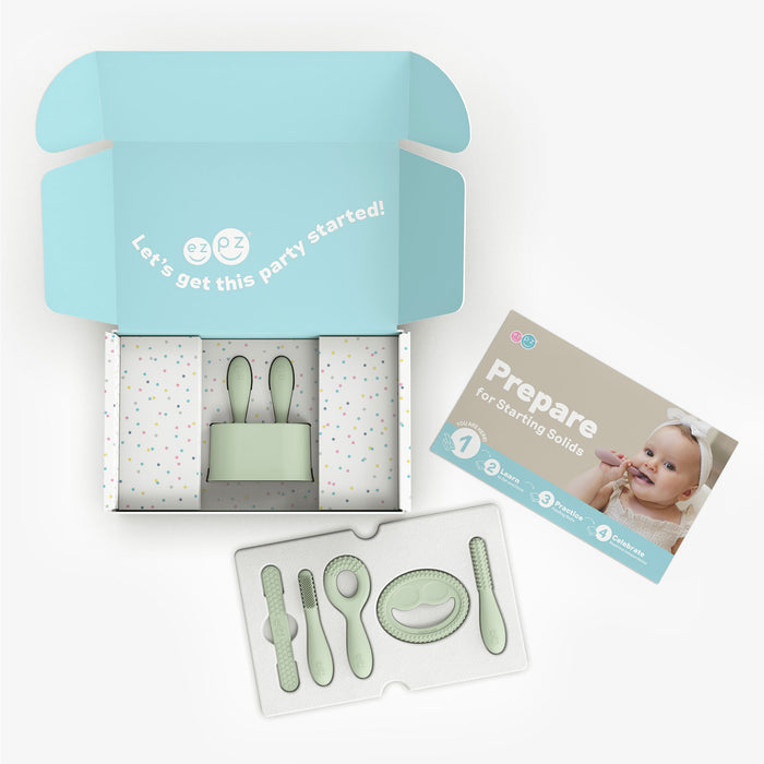 ezpz Developmental Kit Stage 1 in Sage Green / ezpz Baby-Led™ Toothbrush + Sensory Tongue Depressor Dual Pack, Tiny Pops and Oral Development Tools #color_sage
