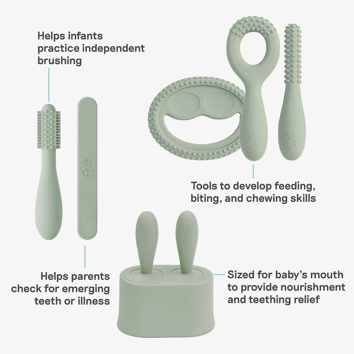 ezpz Developmental Kit Stage 1 in Sage Green / ezpz Baby-Led™ Toothbrush + Sensory Tongue Depressor Dual Pack, Tiny Pops and Oral Development Tools #color_sage
