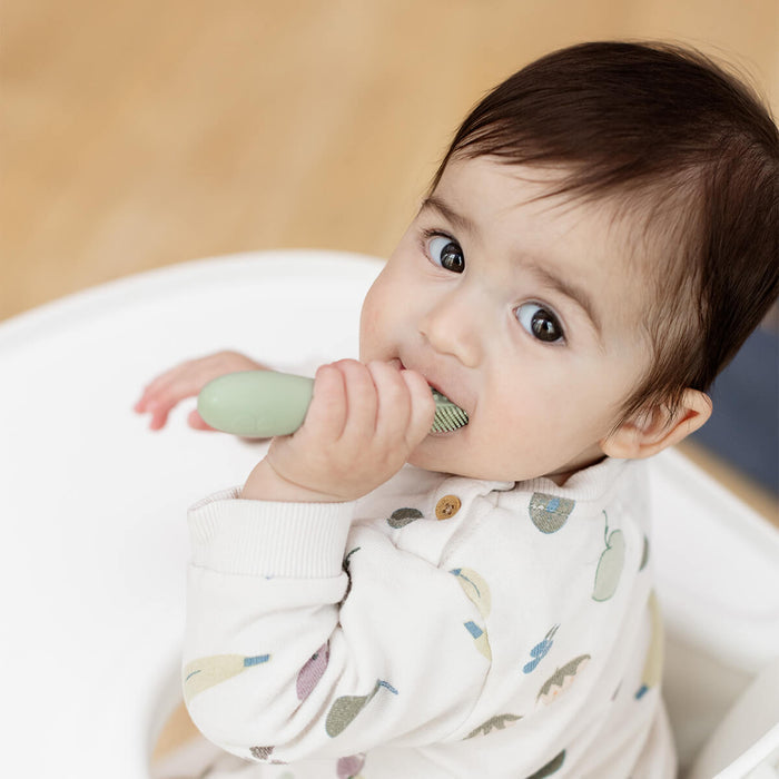 ezpz Developmental Kit Stage 1 in Sage Green / ezpz Baby-Led™ Toothbrush + Sensory Tongue Depressor Dual Pack, Tiny Pops and Oral Development Tools #color_sage