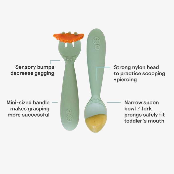 Mini Utensils in Sage Green by ezpz / Sensory Silicone Fork & Spoon for Toddlers #color_sage