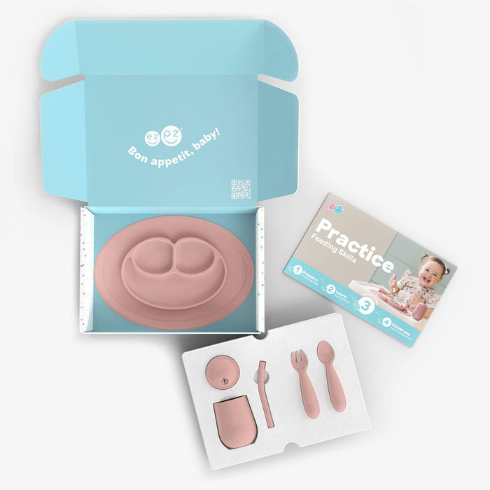 ezpz Developmental Kit Stage 3 in Blush Pink / ezpz Mini Mat, Mini Cup + Straw Training System, and Mini Utensils #color_blush