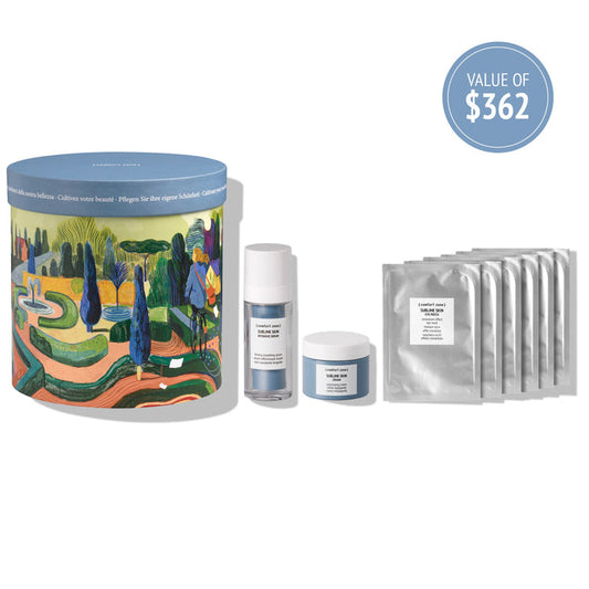 Gift set featuring skincare products in decorative packaging with multiple sachets, highlighting the Kit Italian Garden | [ comfort zone ] for wellness and body care.