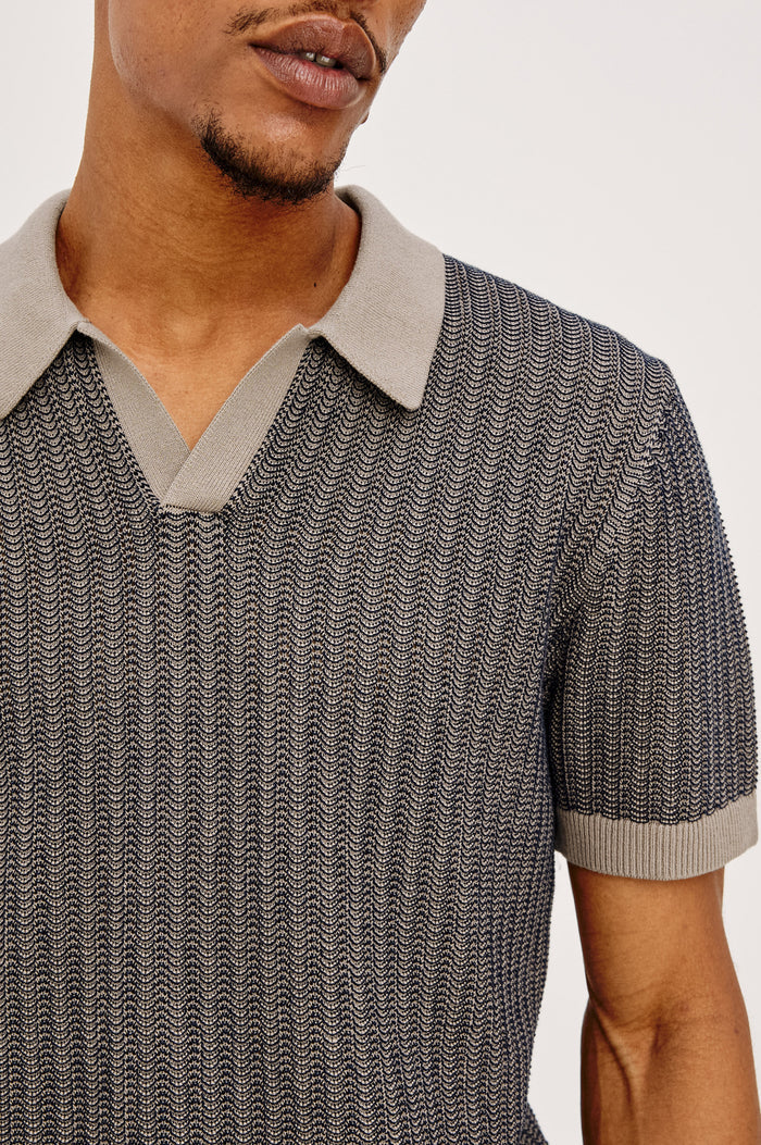 Langley Polo Shirt in Lightweight Contrast Open Birdseye Knit With Classic Fit, Open Collar, Short Sleeves, and Ribbed Trim in Oat Midnight Ripple Colorway - Upper Body Front View Featured on Model