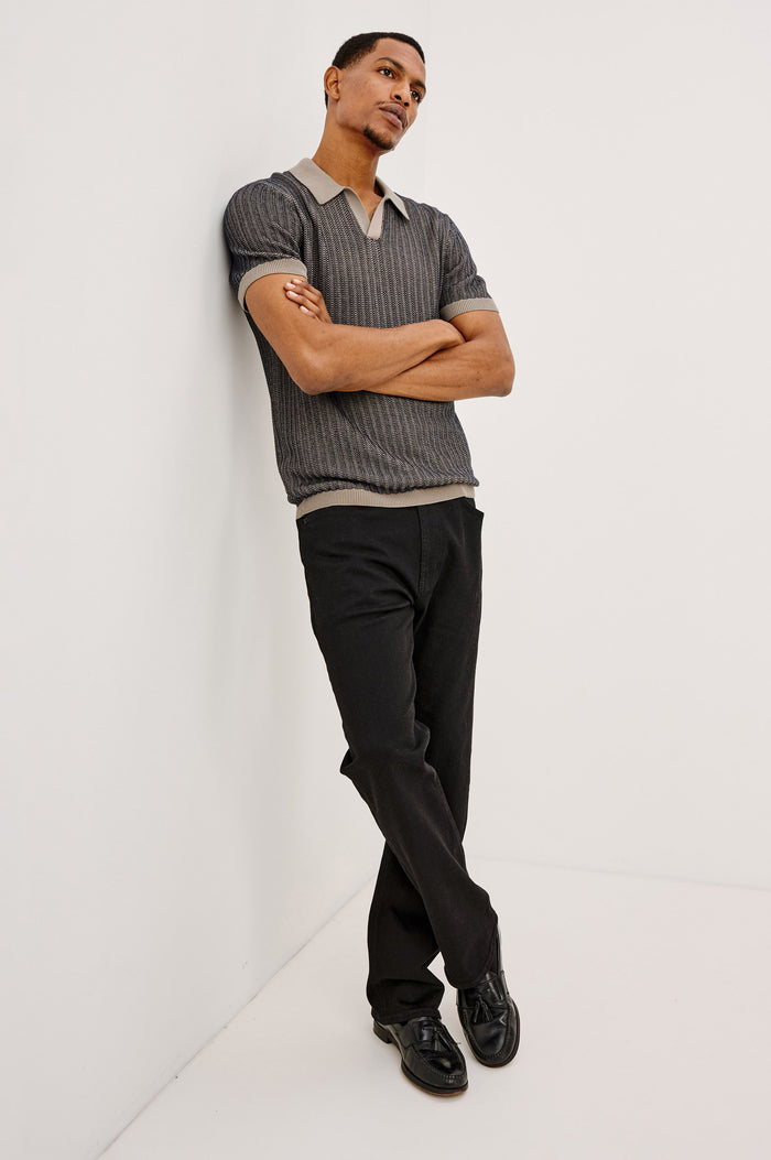 Langley Polo Shirt in Lightweight Contrast Open Birdseye Knit With Classic Fit, Open Collar, Short Sleeves, and Ribbed Trim in Oat Midnight Ripple Colorway - Full Body Front View Featured on Model