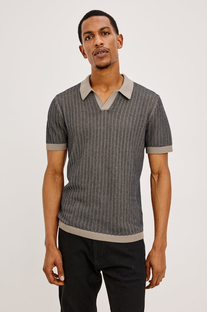 Langley Polo Shirt in Lightweight Contrast Open Birdseye Knit With Classic Fit, Open Collar, Short Sleeves, and Ribbed Trim in Oat Midnight Ripple Colorway - Upper Body Front View Featured on Model