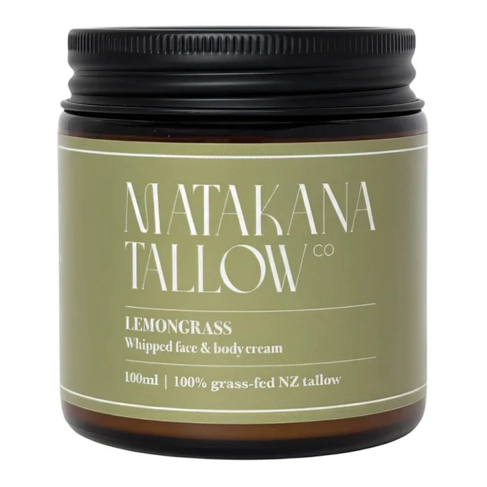 Matakana Tallow Co lemongrass whipped face and body cream jar on a white background