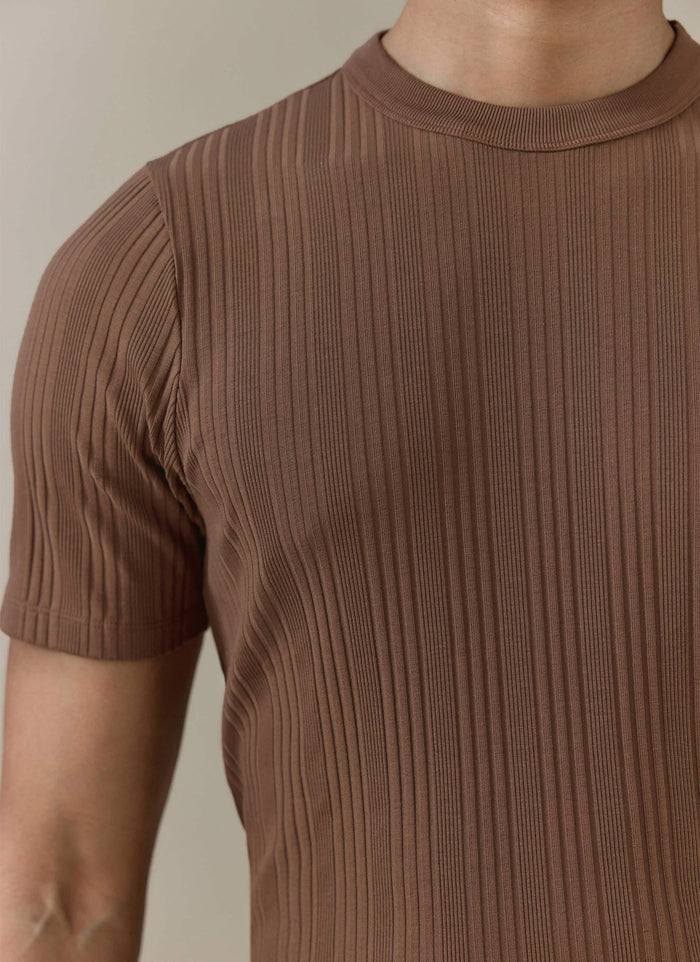 Detail shot of the espresso brown Percival Leon Slim Ribbed T Shirt, highlighting the organic cotton vertical ribbing.