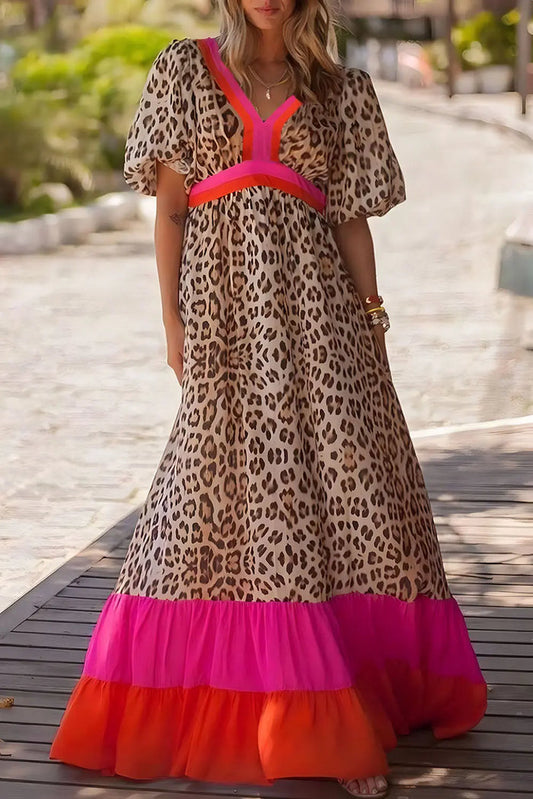 Bright Pink Leopard Colourblock Patchwork Bubble Sleeve Maxi Dress - BRIGHT PINK / S / 100% POLYESTER - Dresses/Maxi