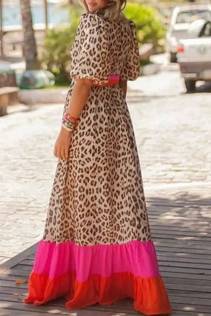 Bright Pink Leopard Colourblock Patchwork Bubble Sleeve Maxi Dress - Dresses/Maxi Dresses