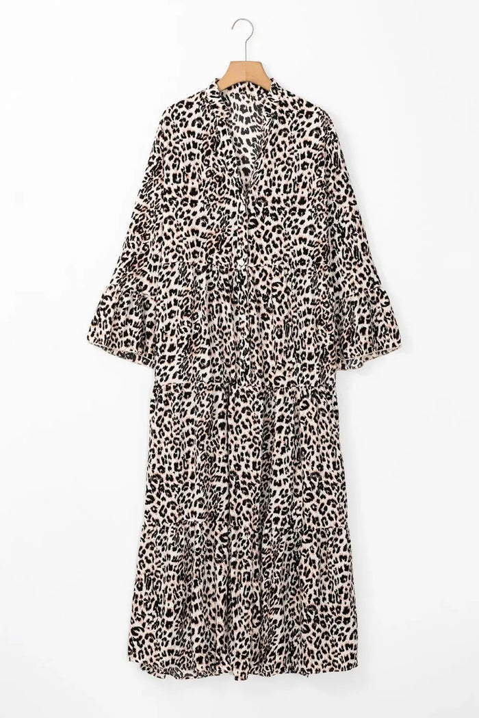 Beige Leopard Print Tiered Wide Sleeve Maxi Dress - Dresses/Maxi Dresses