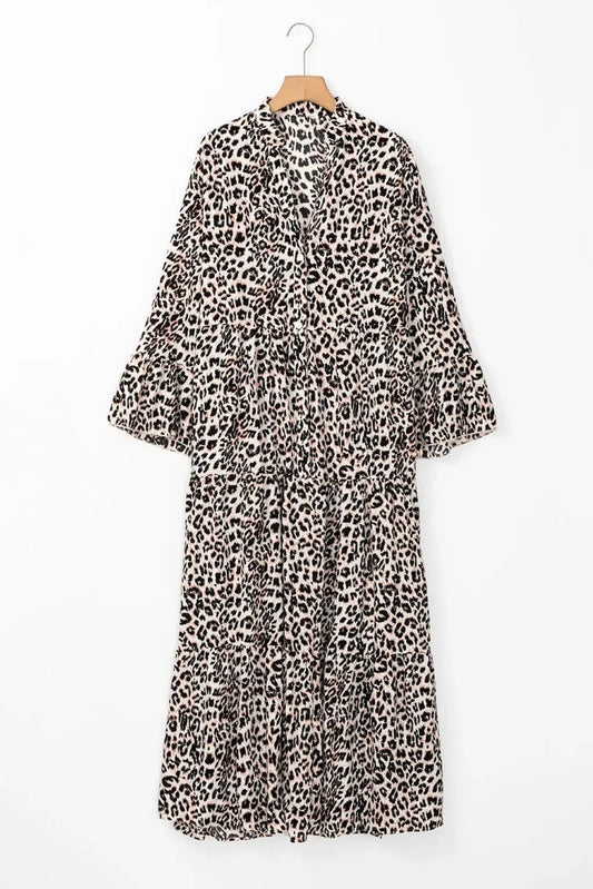 Beige Leopard Print Tiered Wide Sleeve Maxi Dress - Dresses/Maxi Dresses