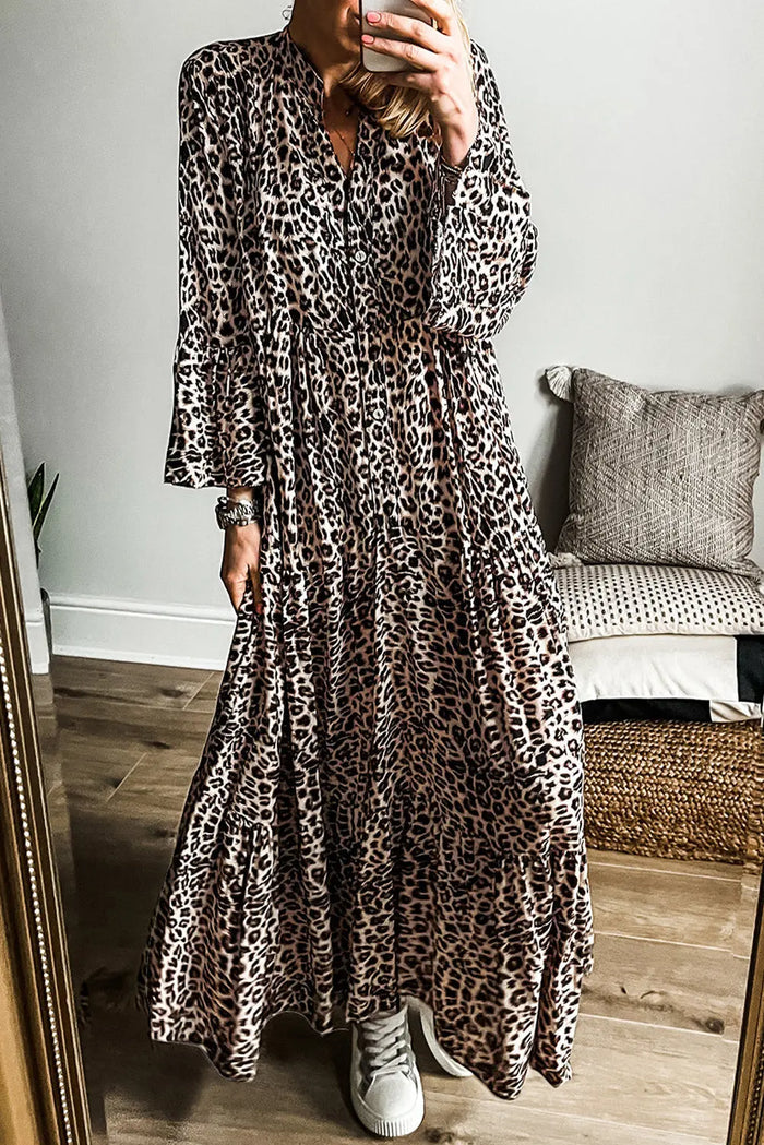 Beige Leopard Print Tiered Wide Sleeve Maxi Dress - APRICOT / S / 100% POLYESTER - Dresses/Maxi Dresses
