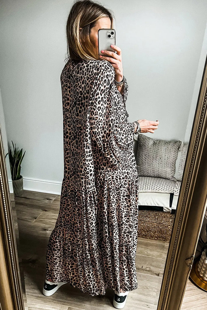 Beige Leopard Print Tiered Wide Sleeve Maxi Dress - Dresses/Maxi Dresses