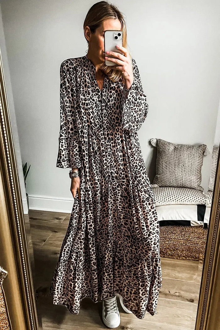 Beige Leopard Print Tiered Wide Sleeve Maxi Dress - Dresses/Maxi Dresses