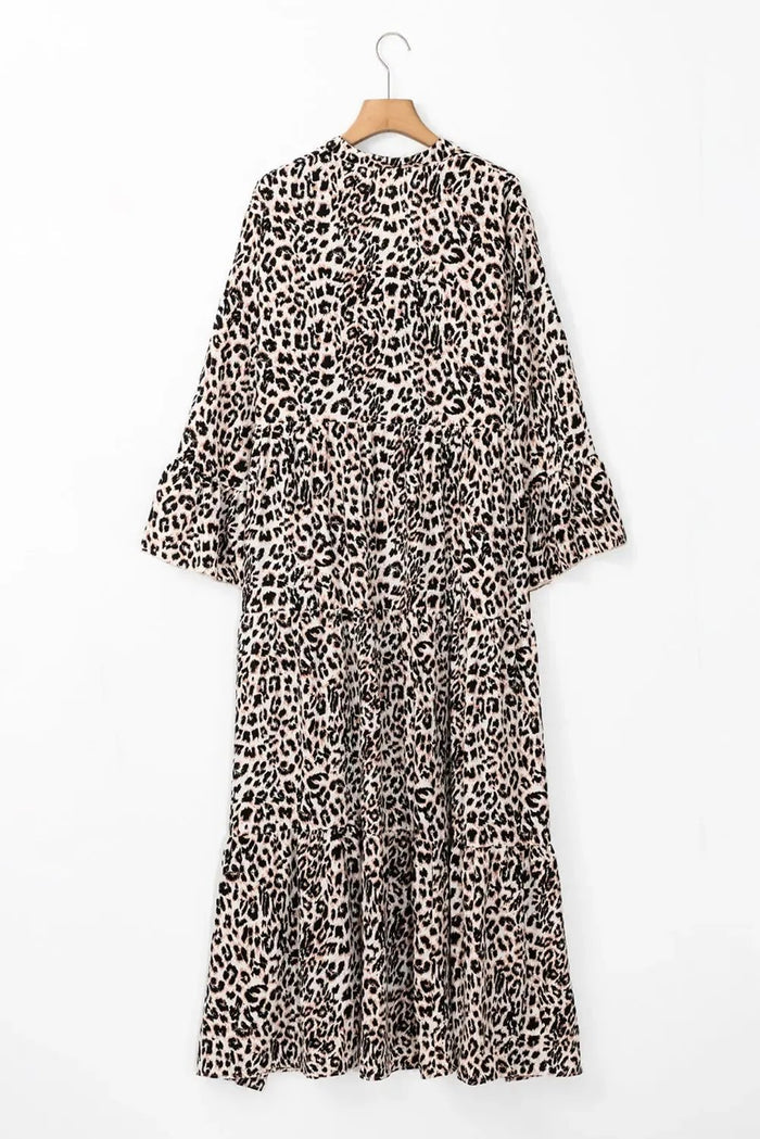 Beige Leopard Print Tiered Wide Sleeve Maxi Dress - Dresses/Maxi Dresses
