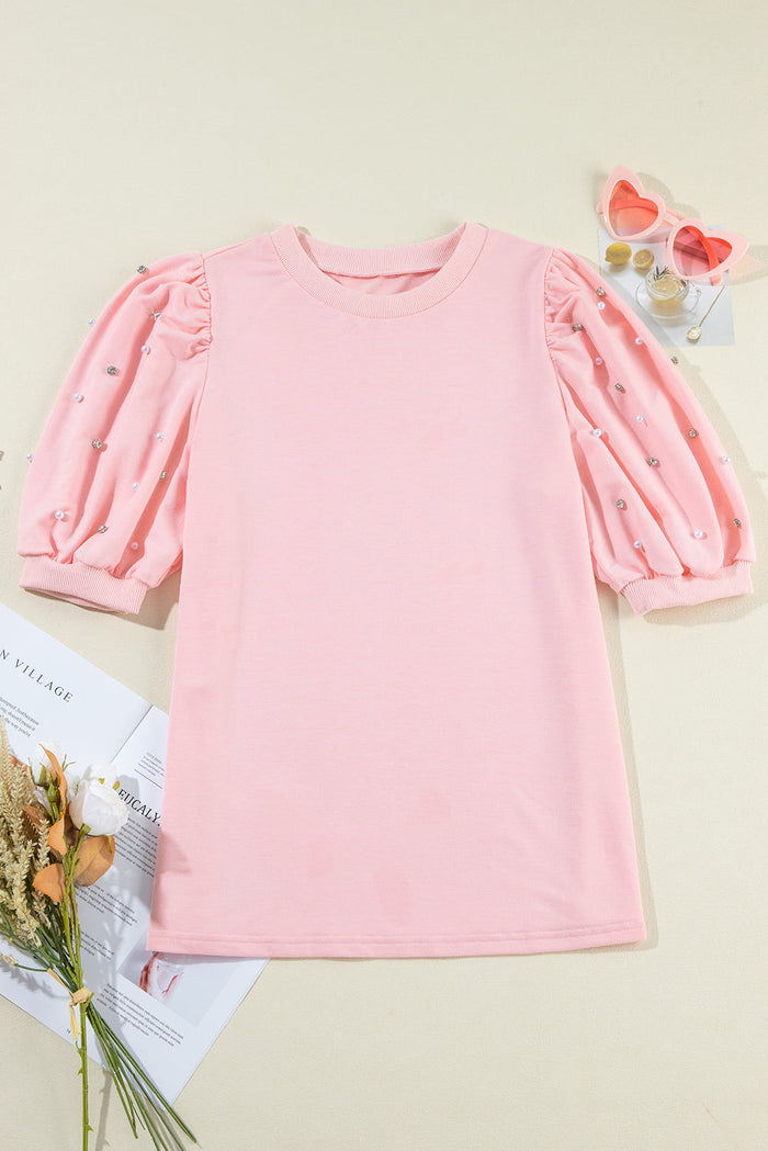 Light Pink Rhinestone Pearl Puff Half Sleeve Top - Tops/Tops & Tees