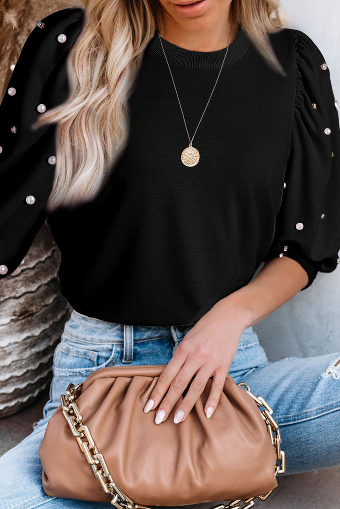 Light Pink Rhinestone Pearl Puff Half Sleeve Top - Tops/Tops & Tees