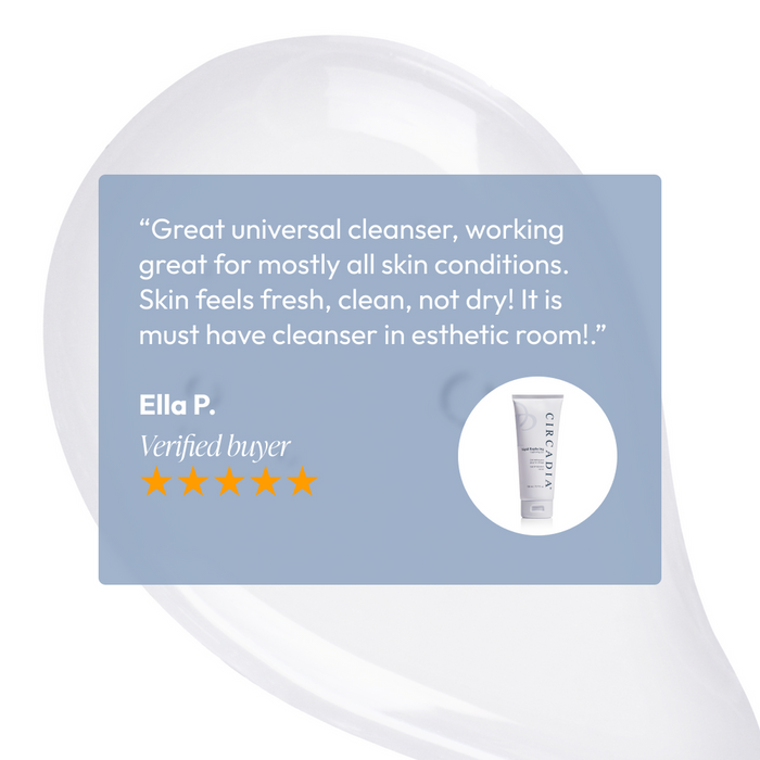 Customer review highlighting Lipid Replacing Cleansing Gel | Circadia as a great universal cleanser that leaves skin fresh and clean without dryness, accompanied by a five-star rating.