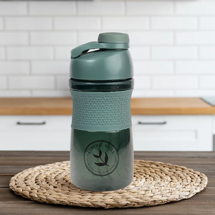 Living Well glass shaker bottle detail