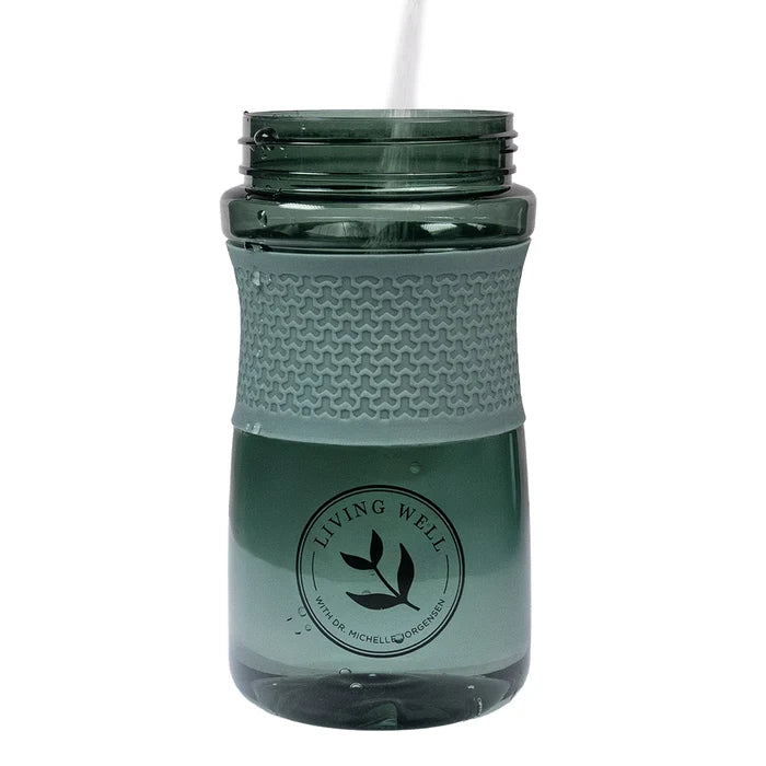 Living Well glass shaker bottle detail