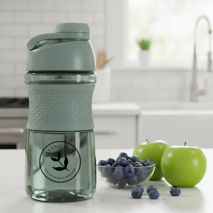 Living Well glass shaker bottle in use
