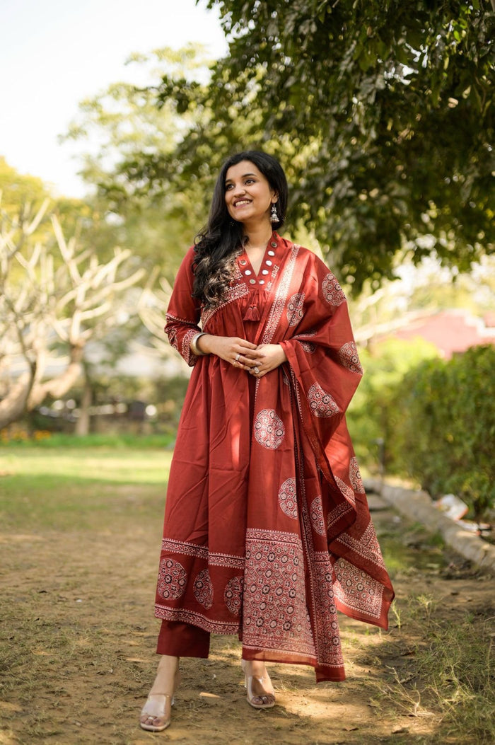 Liya Flared Ajrakh Cotton Set- Maroon