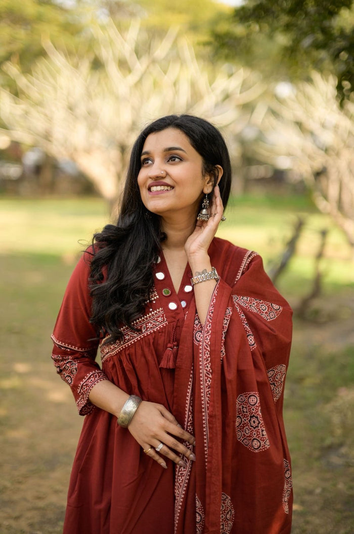 Liya Flared Ajrakh Cotton Set- Maroon