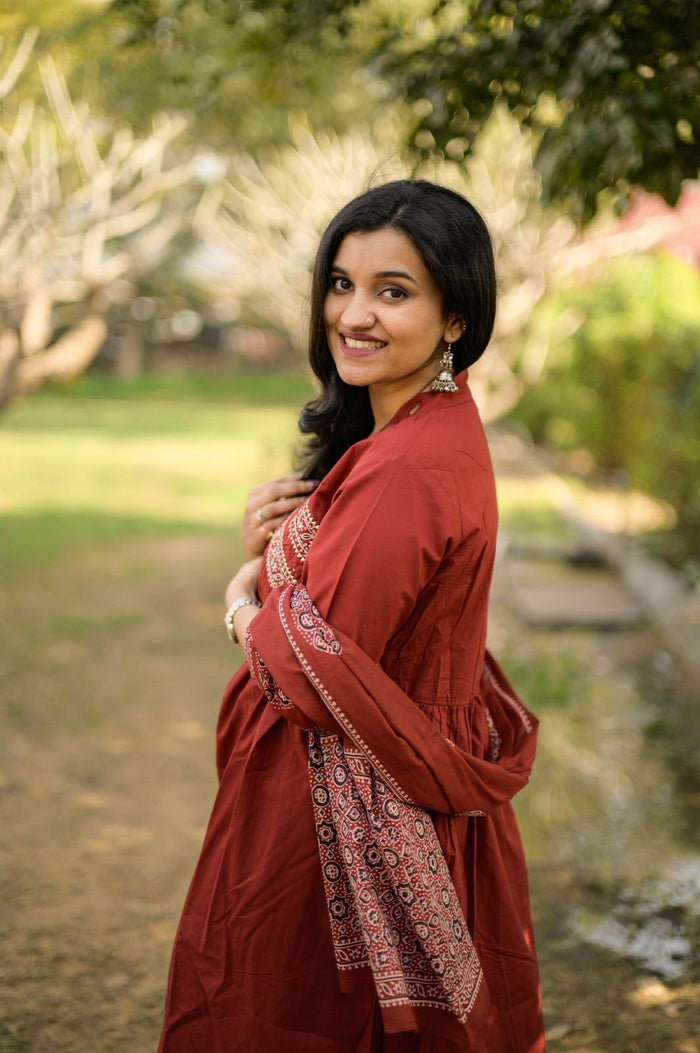 Liya Flared Ajrakh Cotton Set- Maroon