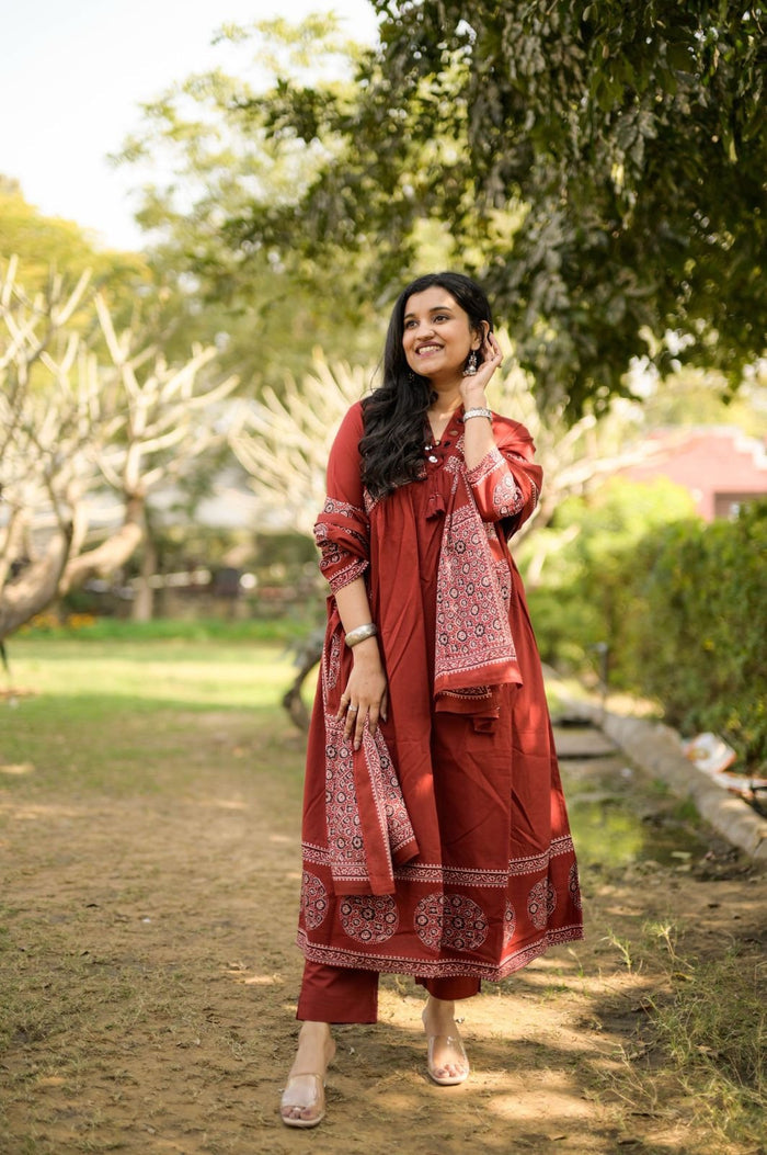 Liya Flared Ajrakh Cotton Set- Maroon