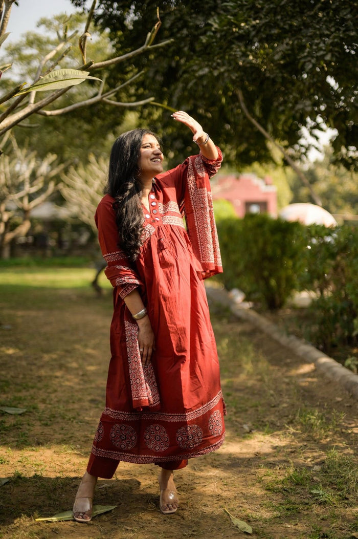 Liya Flared Ajrakh Cotton Set- Maroon