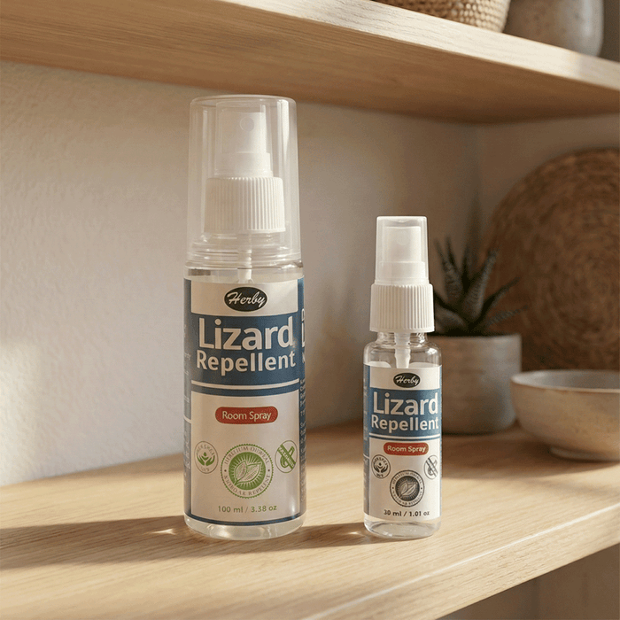 Herby Lizard Repellent spray bottles, 100ml and 30ml sizes, displayed on a wooden shelf beside a small plant.