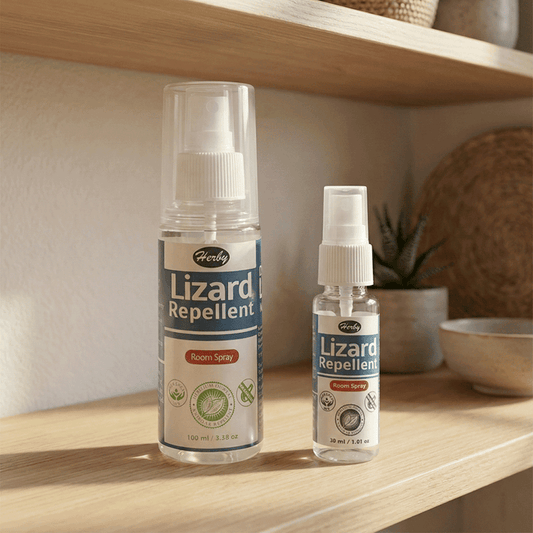 Herby Lizard Repellent spray bottles, 100ml and 30ml sizes, displayed on a wooden shelf beside a small plant.