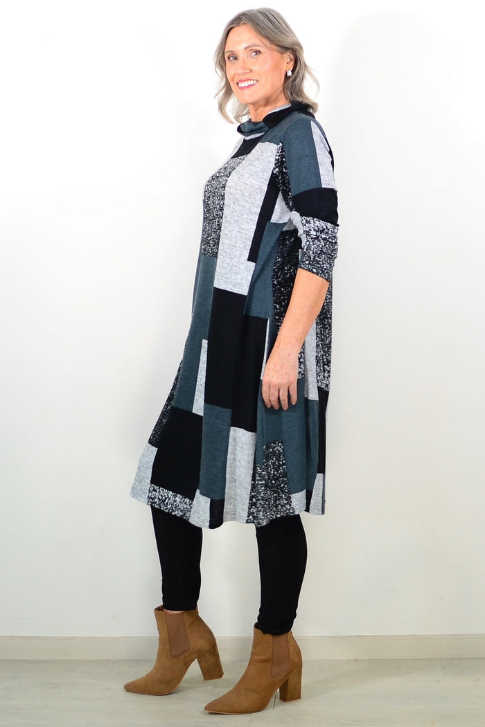 Long grey and black roll neck winter tunic by La Mode, featuring a cozy, fitted design perfect for cold weather.