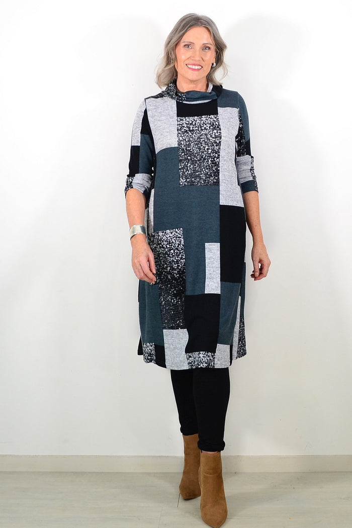 Long grey and black roll neck winter tunic by La Mode, featuring a cozy fit and stylish design perfect for cold weather.