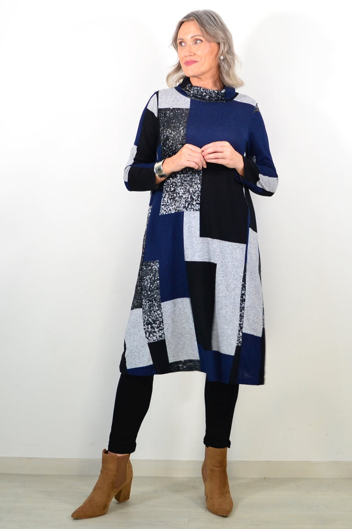 Long navy grey roll neck winter tunic by Hourglass Avalon, featuring a cozy fit and stylish design.