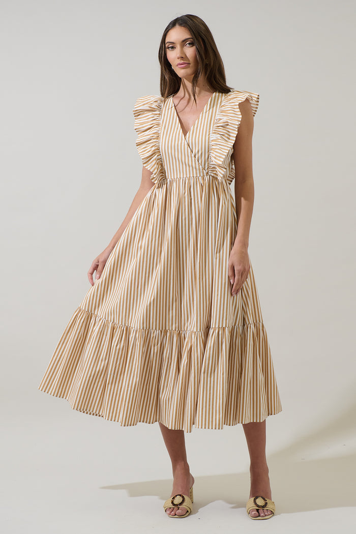 Luna Striped Fairness Taupe Poplin Surplice Midi Dress