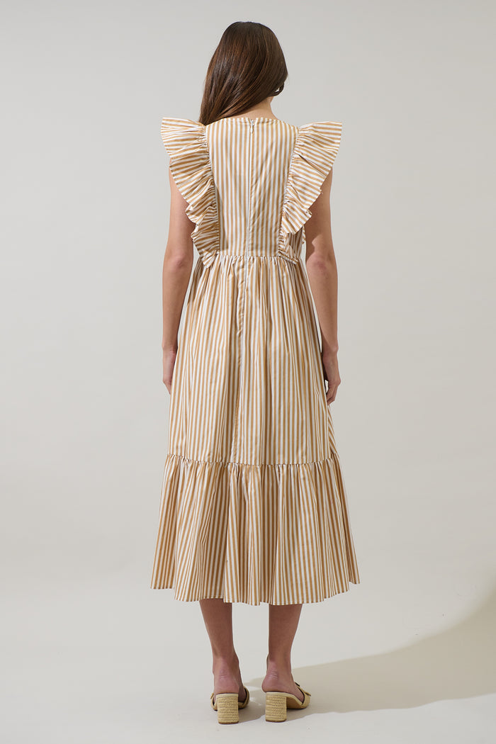 Luna Striped Fairness Taupe Poplin Surplice Midi Dress