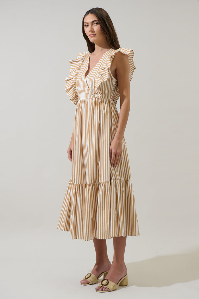Luna Striped Fairness Taupe Poplin Surplice Midi Dress