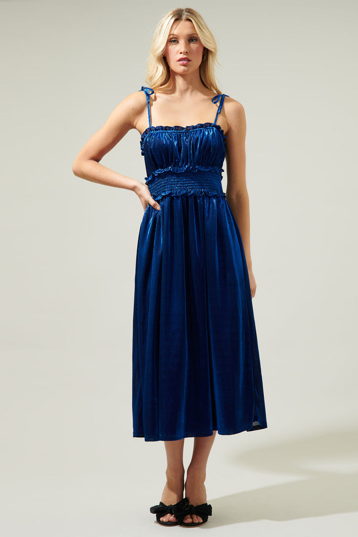 Lurelle Smocked Waist Tie Strap Poplin Midi Dress